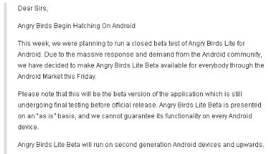 angry birds coming to android email from Rovio