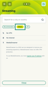 The location picker menu on the ExpressVPN router dashboard, with a green box highlighting the Others tab.