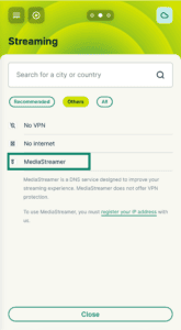The Others tab in the location picker menu, with a green box highlighting the MediaStreamer option above the IP registration warning.