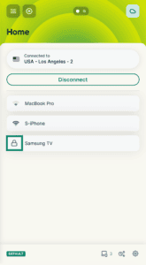 The ExpressVPN router dashboard showing the Home device group, with a green box highlighting the Samsung TV in the connected devices list.