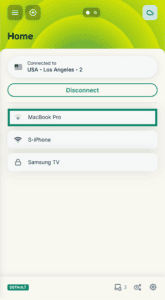 The ExpressVPN router dashboard showing the Home device group, with a green box highlighting the MacBook Pro in the connected devices list.