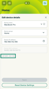 The Edit device details screen on the ExpressVPN router dashboard, with a green box highlighting the "Last seen" timestamp located below the device's MAC address.