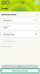 The Edit device details screen on the ExpressVPN router dashboard, with a green box highlighting the Reset Device Settings button at the bottom.