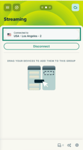 The Streaming device group on the ExpressVPN router dashboard, with a green box highlighting the current location button.