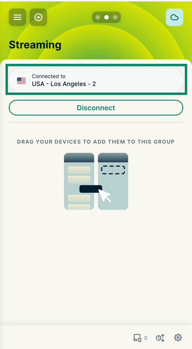 The Streaming device group on the ExpressVPN router dashboard, with a green box highlighting the current location button.