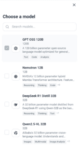 A screenshot of the AI model selection menu on mobile. Shows a list of five available AI models.