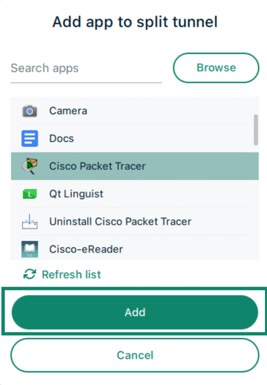 The "Add app to split tunnel" pop-up in the ExpressVPN app on Windows, with a highlighted "Add" button.