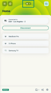 The ExpressVPN router dashboard showing the Home device group, with a green box highlighting the group navigation dots at the top of the screen.