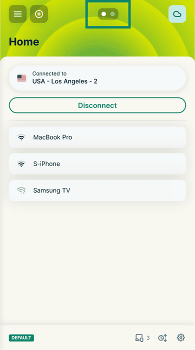 The ExpressVPN router dashboard showing the Home device group, with a green box highlighting the group navigation dots at the top of the screen.