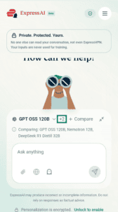 Screenshot showing the chat window on the mobile version of ExpressAI. An arrow points to the number +2 just above the chat window. The +2 number sits between GPT OSS 120B to the left and + Compare to the right. 