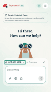 A screenshot of the ExpressAI home screen on mobile. An arrow points to the AI selection menu just above the chat window.