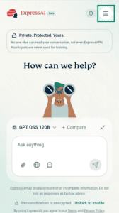 A screenshot of the ExpressAI home screen on mobile. An arrow points to the hamburger menu icon in the top-right corner.