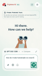 A screenshot of the ExpressAI home screen on mobile. One arrow points to the chat window, while the other points to the Send button to the right of the chat window.