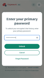 ExpressAI primary password unlock screen on Android.