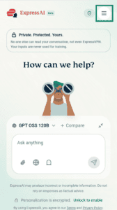 A screenshot of the ExpressAI home screen on mobile. An arrow points to the hamburger menu icon in the top-right corner.