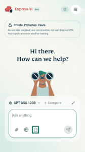 Screenshot of the ExpressAI home screen on mobile. An arrow points to the ghost mode icon underneath the chat window.