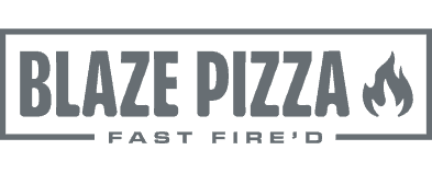 Blaze Pizza logo featuring bold uppercase text with a flame icon, enclosed in a rectangular outline, and the tagline “Fast Fire’d” below.