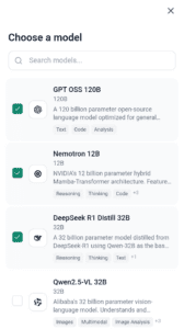 Screenshot of the Choose a model screen on the mobile version of ExpressAI. Three AI models are selected, and an arrow points to the second model in the list.