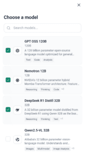 Screenshot of the Choose a model screen on the mobile version of ExpressAI. Three AI models are selected, and an arrow points to the second model in the list.