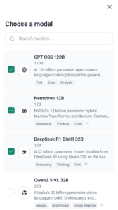 Screenshot of the Choose a model screen on the mobile version of ExpressAI. Three AI models are selected, and an arrow points to the second model in the list.