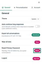A screenshot of the ExpressAI settings menu on mobile. An arrow points to the Reset button next to the Reset Primary Password section.