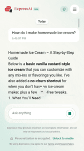 A screenshot of the ExpressAI responding to a prompt about recipes for beans on toast on mobile. 