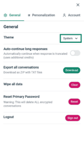 Screenshot of the ExpressAI settings menu on mobile. An arrow points to a dropdown menu at the top of the image, next to the Theme section.