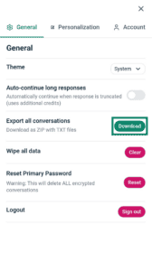 Screenshot of the ExpressAI settings menu on mobile. An arrow points to the Download button next to the Export all conversations option.