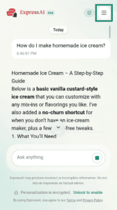 An arrow points to the hamburge rmenu icon in the top-right corner of ExpressAI on mobile.