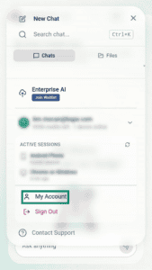An arrow points to the My Account option in the toolbar on the mobile version of ExpressAI.