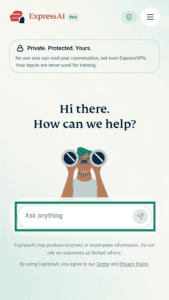 A screenshot showing the ExpressAI home screen on mobile. An arrow points to the empty chat window at the bottom of the screen.