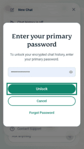 A screenshot of ExpressAI's primary password unlock screen on a mobile browser. The primary password field is empty and an arrow points to the Unlock button.