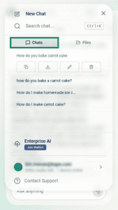 An arrow points to the Chats tab on the mobile browser version of ExpressAI. There is a list of saved encrypted chats below the Chats tab. The top chat is about fish and chips recipes. 
