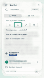 An arrow points to the Export button underneath a saved chat about recipes for mashed potatoes.
