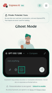 Screenshot of ExpressAI with ghost mode enabled on mobile. An arrow points of the ghost mode icon below the chat window.