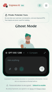 Screenshot of ExpressAI on mobile with ghost mode enabled.