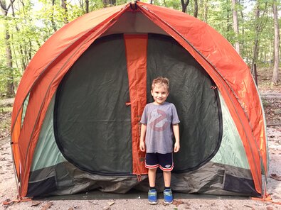 My son and our tent