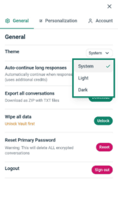 Screenshot of the settings menu on the mobile version of ExpressAI. An arrow points to the Light option in the Theme dropdown menu.