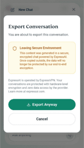 Screenshot of the Export Conversation screen on mobile version of ExpressAI. There is a warning message about a green button labeled Export Anyway. An arrow points to that button.