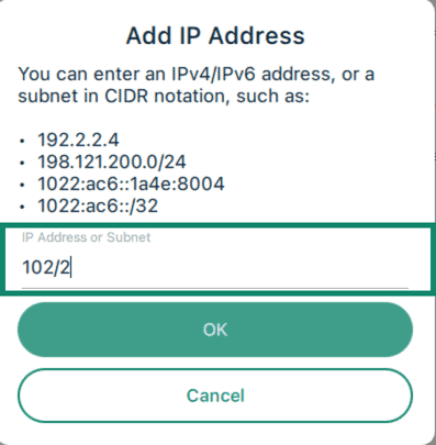 The "Add IP Address" pop-up in the ExpressVPN split-tunneling settings on Windows, highlighting an IP Address or Subnet field.