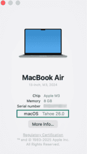 About This Mac window showing macOS version Tahoe 26.0 highlighted
