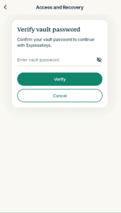 The "Verify vault password" screen in the ExpressKeys browser extension.