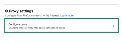 Configure proxy option in Firefox settings menu