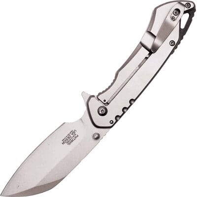 Assisted Open Folding Pocket Knife, Silver Handle w/ Black Accents - Image 2