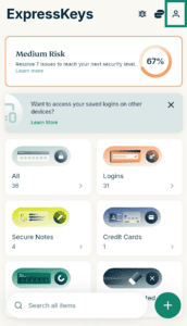 The "Profile" icon highlighted on the main screen of the ExpresKeys extension.