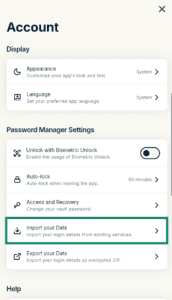 The Account settings in the ExpressKeys browser extension, with a highlighted "Import your Data" option.