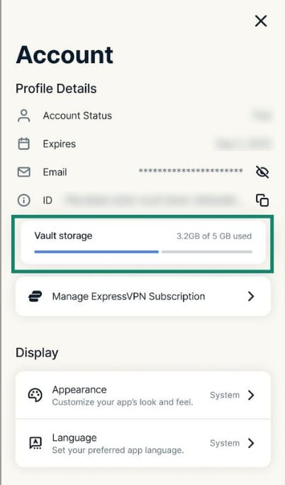 ExpressKeys account settings showing Vault storage highlighted.