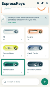 The ExpressKeys main screen, with a highlighted "Authenticator" widget.
