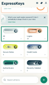 The ExpressKeys main screen, with highlighted "All" and "Logins" widgets.