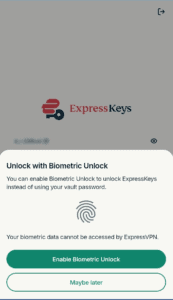 Unlock with Biometric Unlock" screen on the ExpressKeys browser extension login screen.